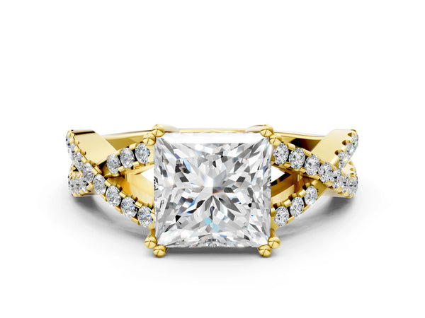 Yellow gold Princess Solitaire Twist Band with Pavé Setting and Four-Prong Setting_18