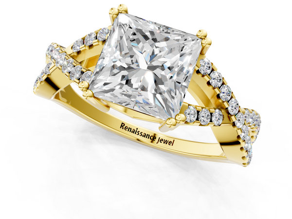 Yellow gold Princess Solitaire Twist Band with Pavé Setting and Four-Prong Setting_1