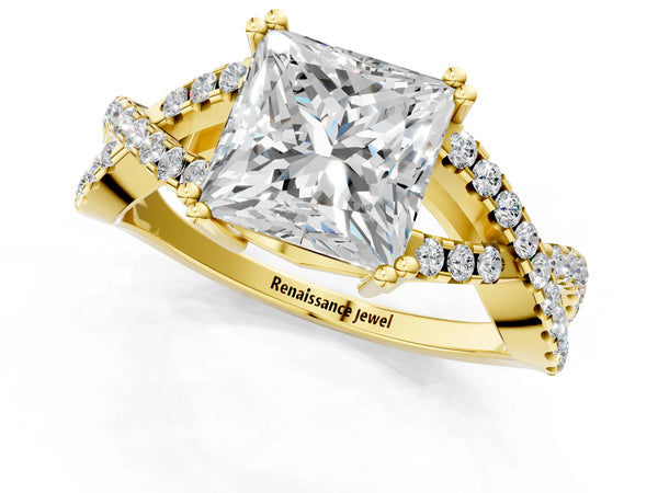 Yellow gold Princess Solitaire Twist Band with Pavé Setting and Four-Prong Setting_73