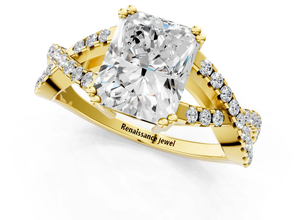 Yellow gold Radiant Solitaire Twist Band with Pavé Setting and Four-Prong Setting_73