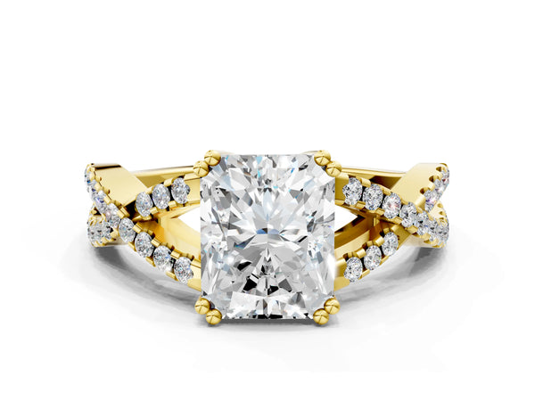 Yellow gold Radiant Solitaire Twist Band with Pavé Setting and Four-Prong Setting_78