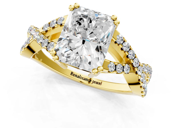 Yellow gold Radiant Solitaire Twist Band with Pavé Setting and Four-Prong Setting_97