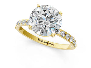 Yellow gold Round Cut Diamond Pavé Band Solitaire Ring with Four-Prong Setting_31