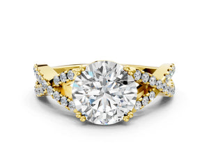 Yellow gold Round Solitaire Twist Band with Pavé Setting and Four-Prong Setting_12