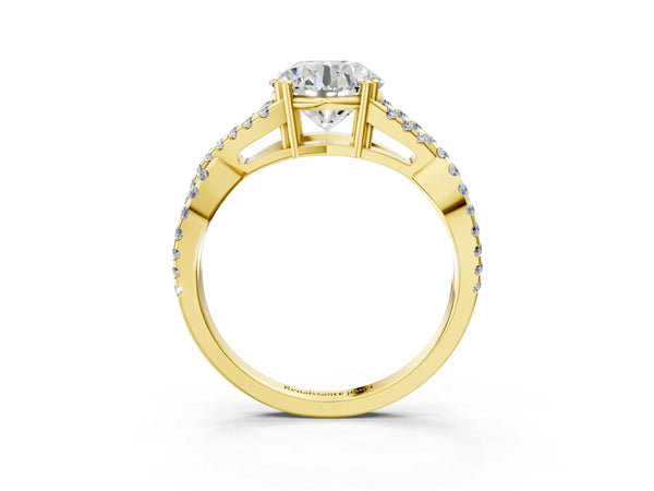 Yellow gold Round Solitaire Twist Band with Pavé Setting and Four-Prong Setting_15
