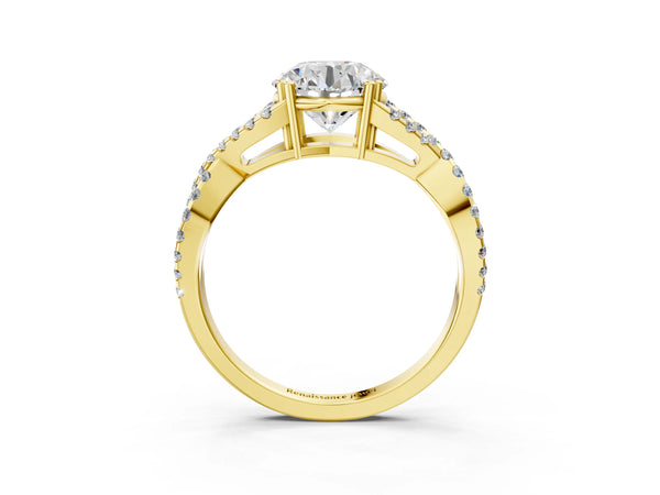 Yellow gold Round Solitaire Twist Band with Pavé Setting and Four-Prong Setting_33