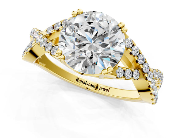 Yellow gold Round Solitaire Twist Band with Pavé Setting and Four-Prong Setting_37