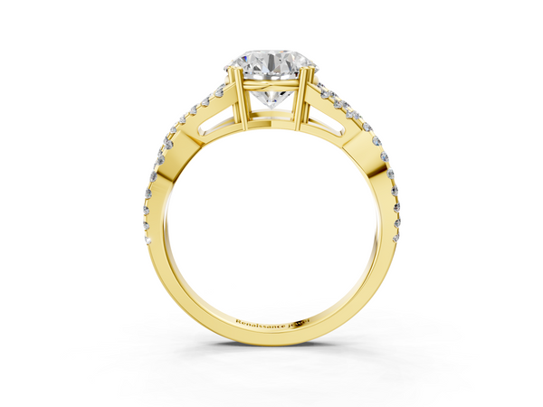 Yellow gold Round Solitaire Twist Band with Pavé Setting and Four-Prong Setting_3