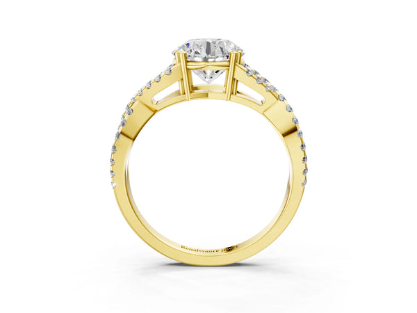 Yellow gold Round Solitaire Twist Band with Pavé Setting and Four-Prong Setting_69