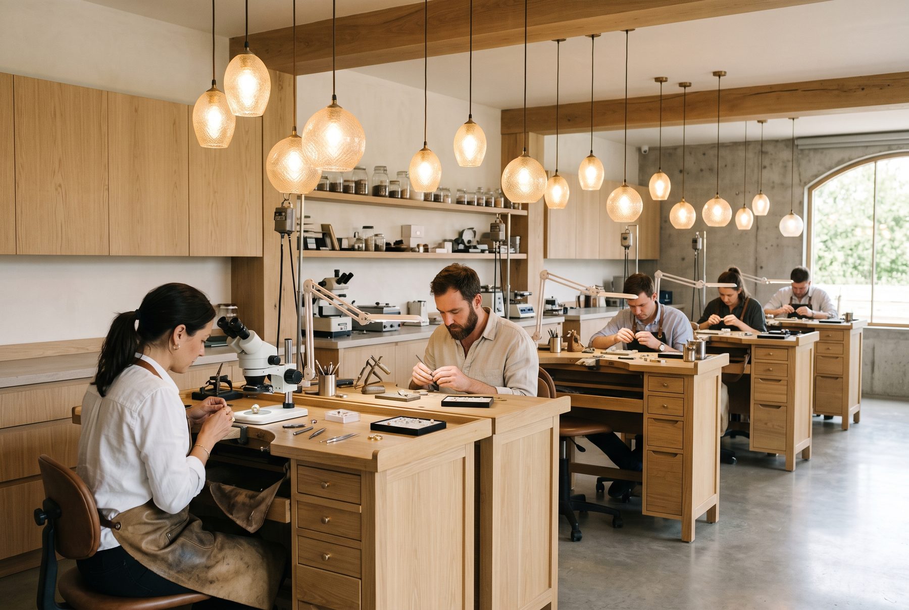 Craftspeople at benches in a modern jewellery workshop