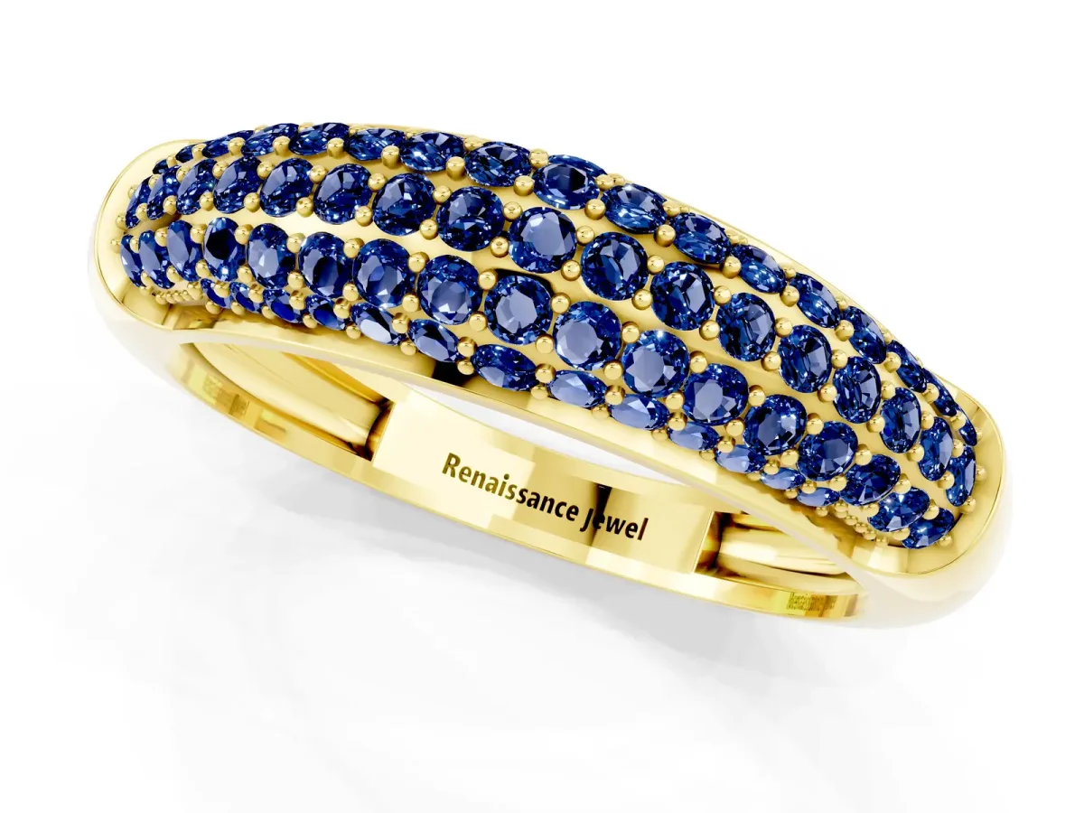 Three-Row Pavé Round Blue Sapphire Dome Band Yellow gold
