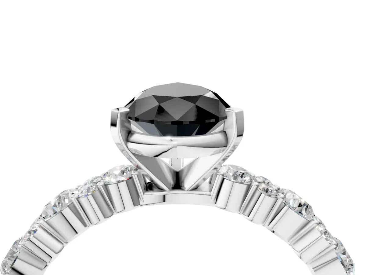 Fancy Black Pear Cut Diamond Side Stone Solitaire Ring with Round and Four-Prong Setting Silver