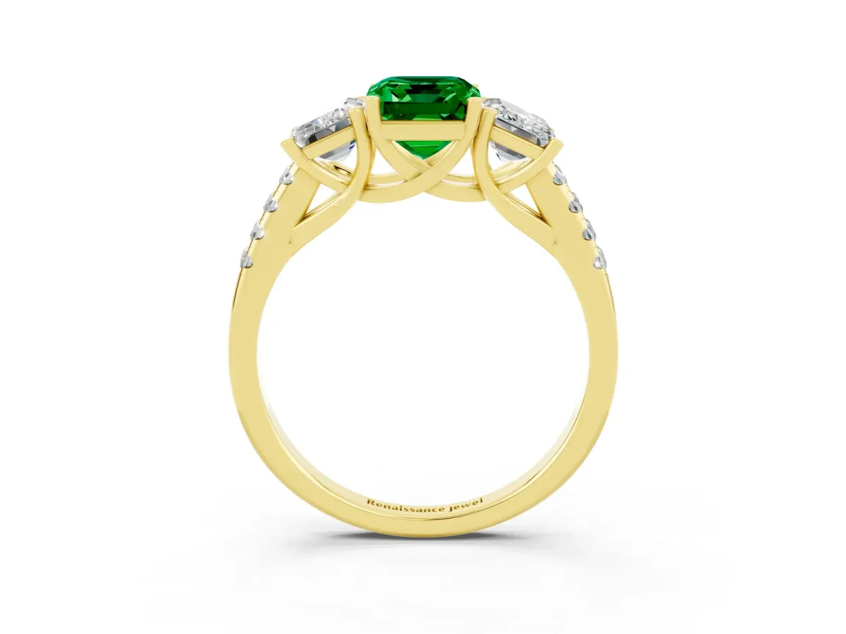 Three-Stone Emerald Cut Emerald Ring with Round Pavé Band and Prong Setting Yellow gold
