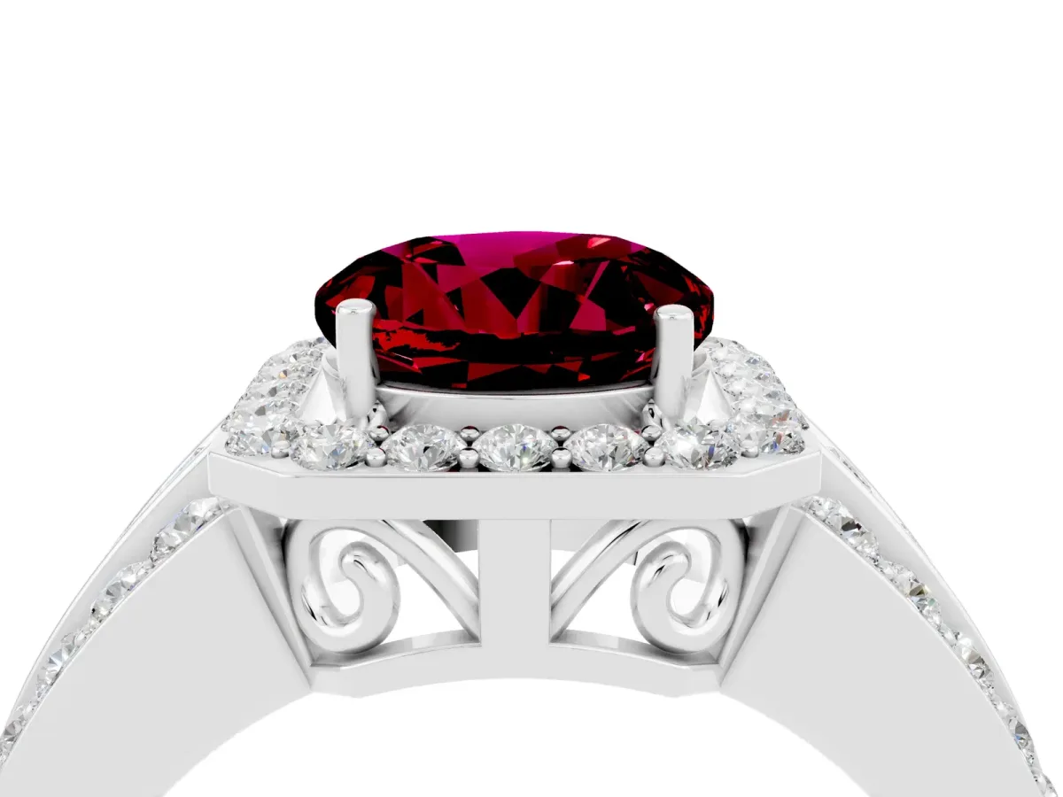 Round Cut Halo Garnet Ring with Round Split Shank and Prong Setting White gold