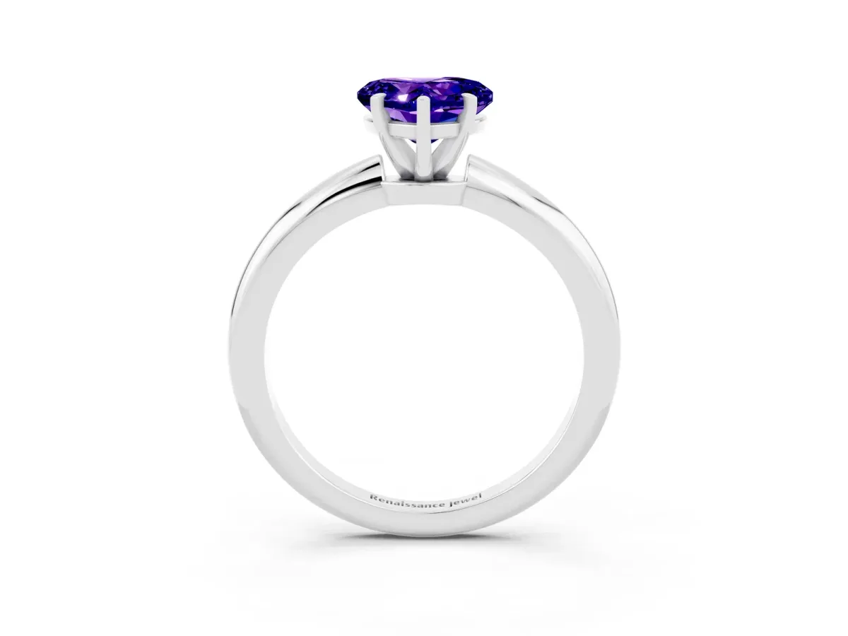 Heart Cut Tanzanite Solitaire Ring with Six-Prong Setting and Classic Band Silver