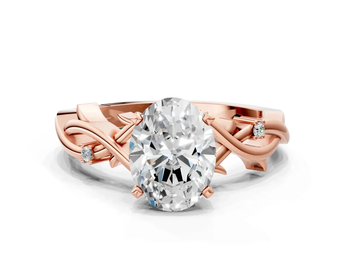 Oval Cut Diamond Solitaire Ring with Twisted Band and Prong Setting Rose gold
