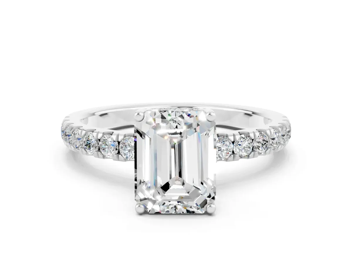 Emerald Cut Moissanite Pave Band Solitaire Ring with Round and Prong Setting Platinum