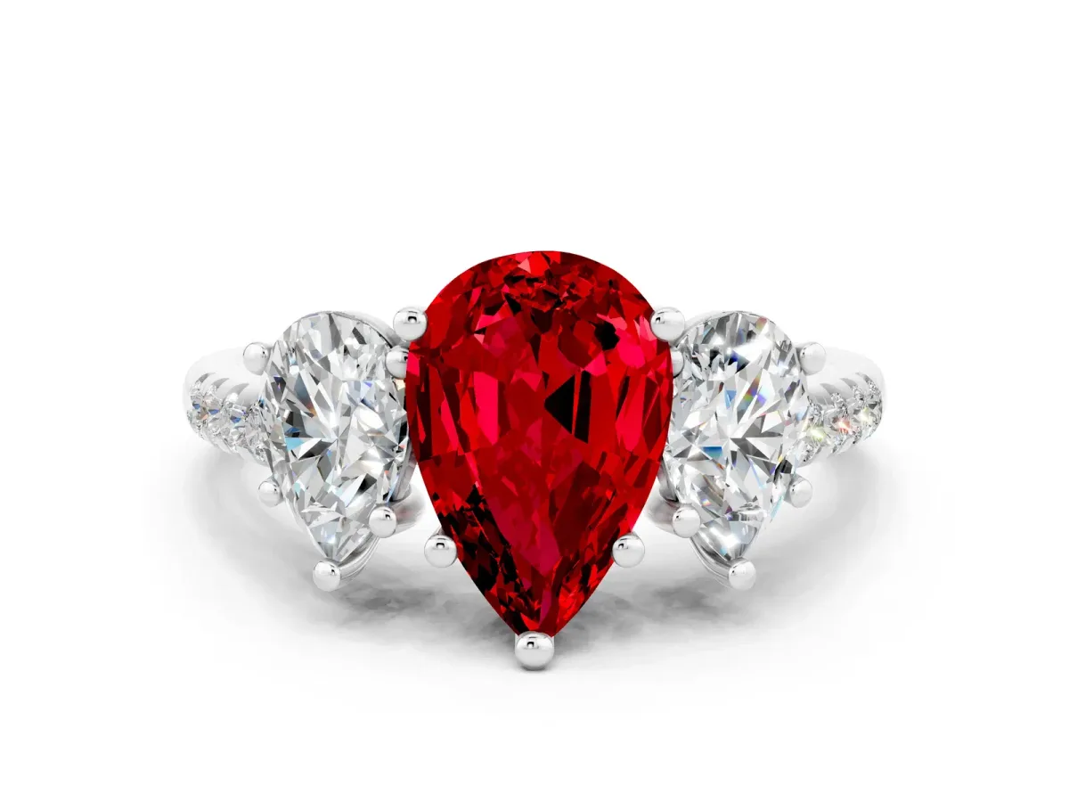 Three-Stone Pear Cut Ruby Ring with Round Pavé Band and Prong Setting Silver