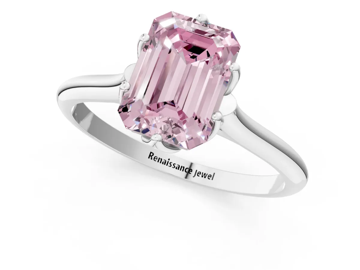 Fancy Pink Emerald Cut Solitaire Cathedral Diamond Ring with Six-Prong Setting Silver