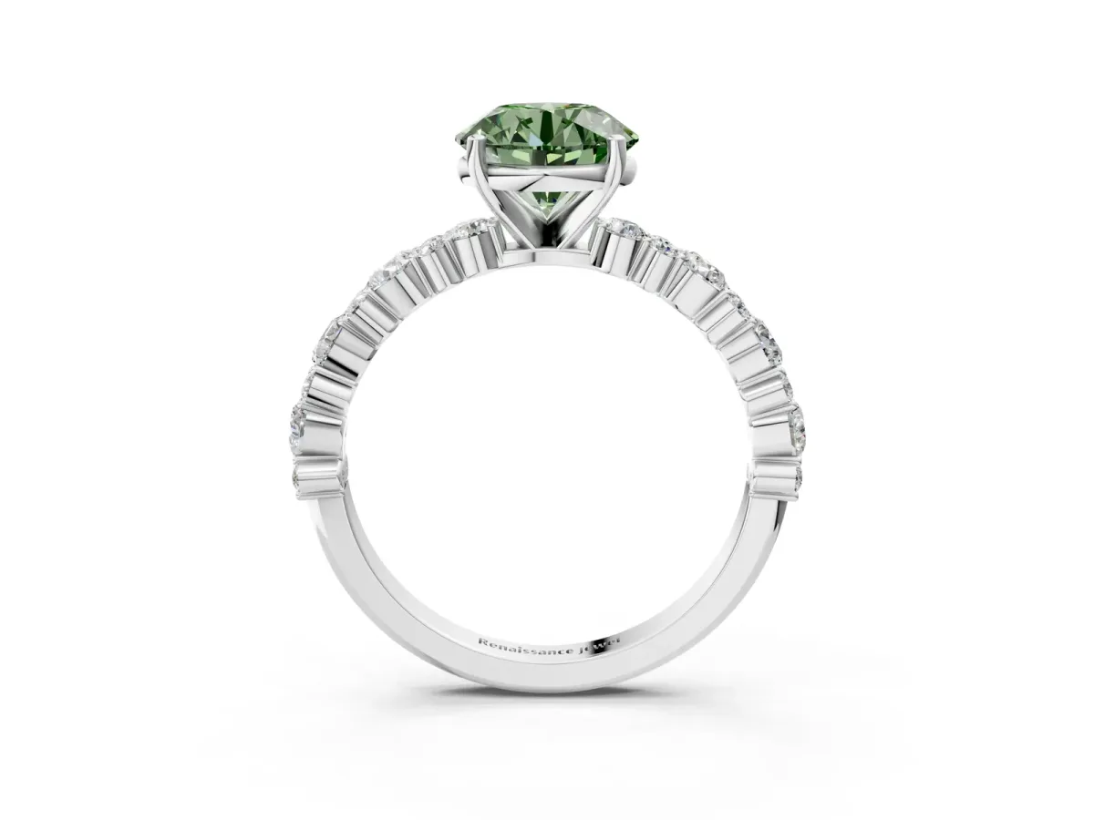 Fancy Green Round Cut Diamond Side Stone Solitaire Ring with Round and Four-Prong Setting Platinum