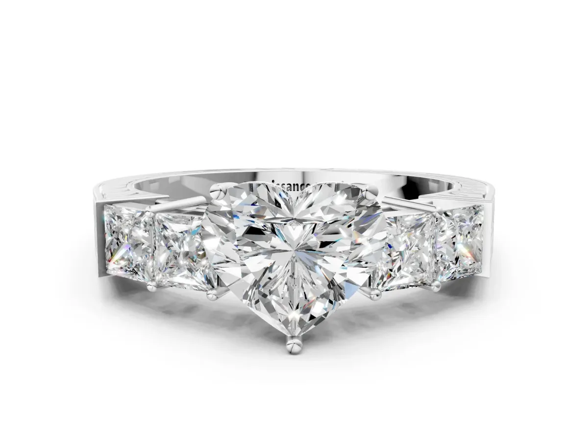 Heart Cut Solitaire Princess Side Stone Engraved Band Prong Setting Ring Platinum