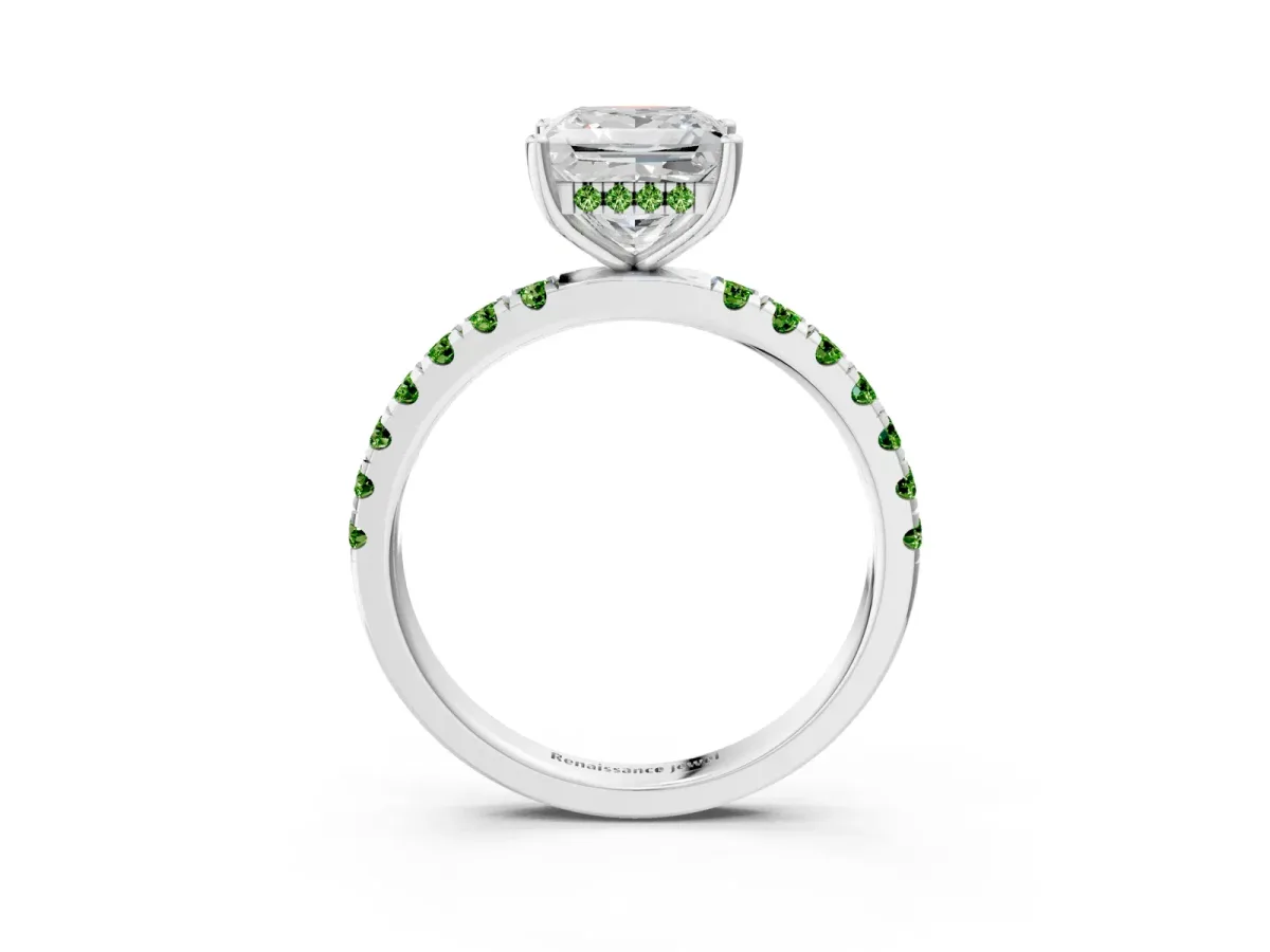 Princess Cut Diamond Pave Band Solitaire Ring with Round Peridot and Prong Setting Silver