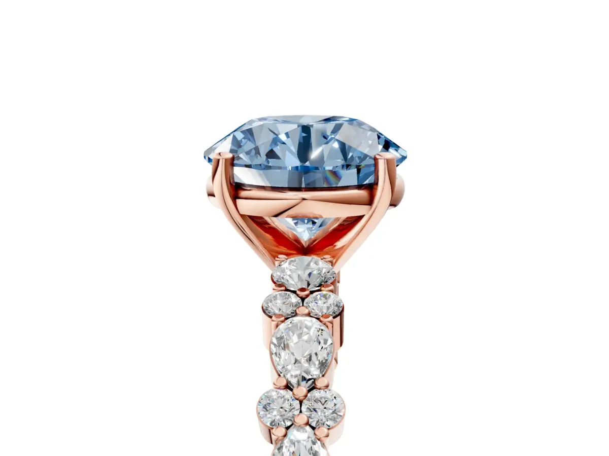 Fancy Blue Round Cut Diamond Side Stone Solitaire Ring with Round and Four-Prong Setting Rose gold