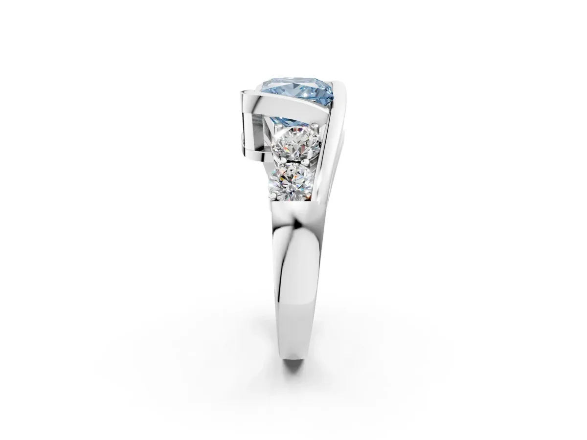 Fancy Blue Bezel Set Princess Cut Diamond Bypass Ring with Round Accents Platinum