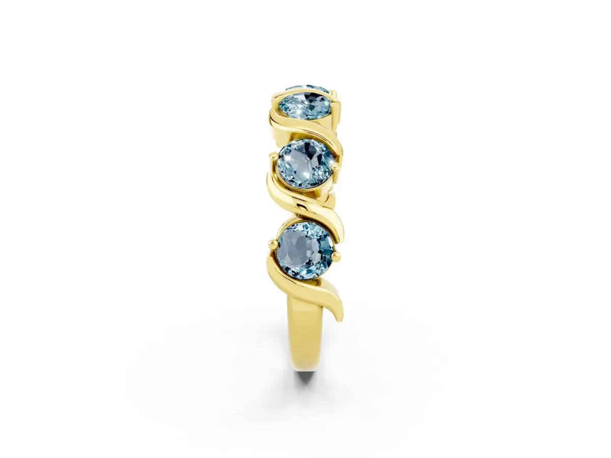 Six-Stone Round Aquamarine Wave Band with Shared Prong Setting Yellow gold