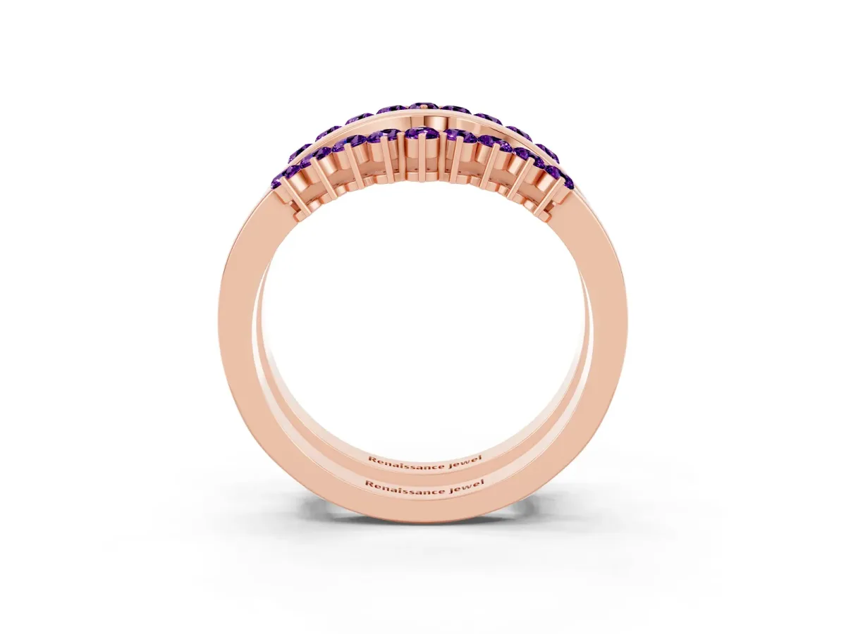 Round Amethyst Chevron Contour Band with Prong Setting Rose gold