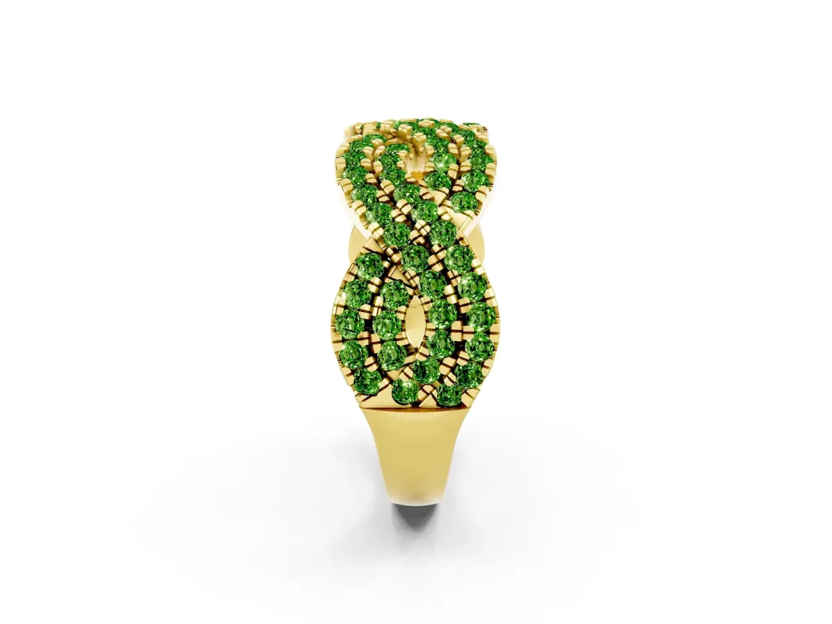 Pavé Round Peridot Infinity Twist Band with Shared Prong Setting Yellow gold
