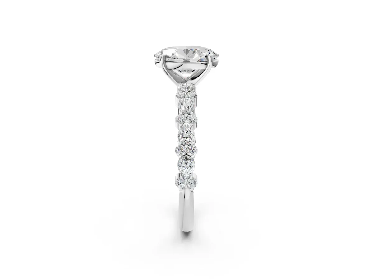 Oval Cut Diamond Side Stone Solitaire Ring with Round Moissanite and Four-Prong Setting Silver