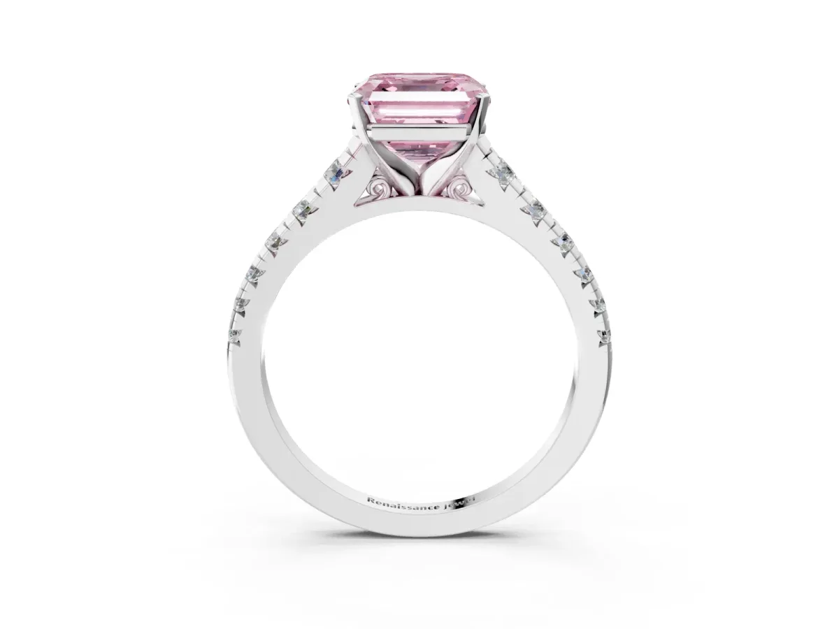 Fancy Pink Asscher Cut Diamond Cathedral Solitaire Ring with Round Pavé Band Silver