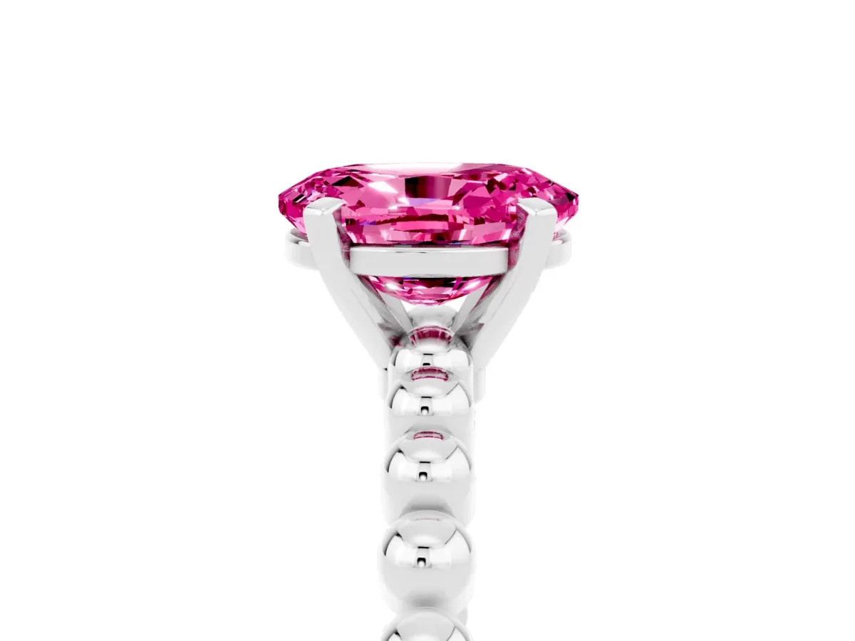 Oval Cut Pink Sapphire Solitaire Ring with Beaded Band and Prong Setting Silver