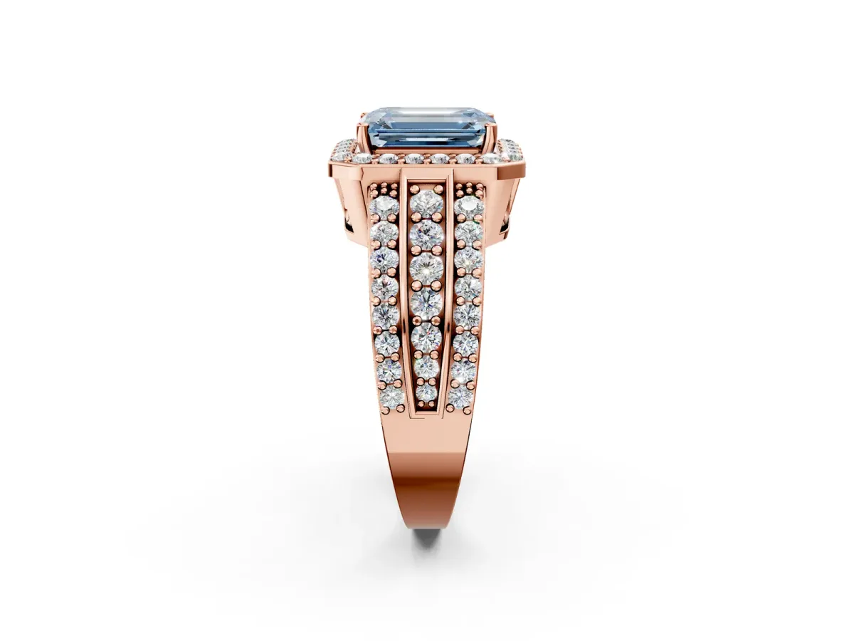 Fancy Blue Emerald Cut Halo Diamond Ring with Round Split Shank and Prong Setting Rose gold