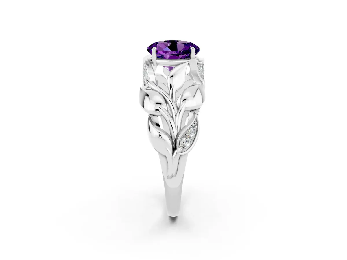 Round Cut Amethyst Leaf-Inspired Engagement Ring with Round Accents and Prong Setting Silver