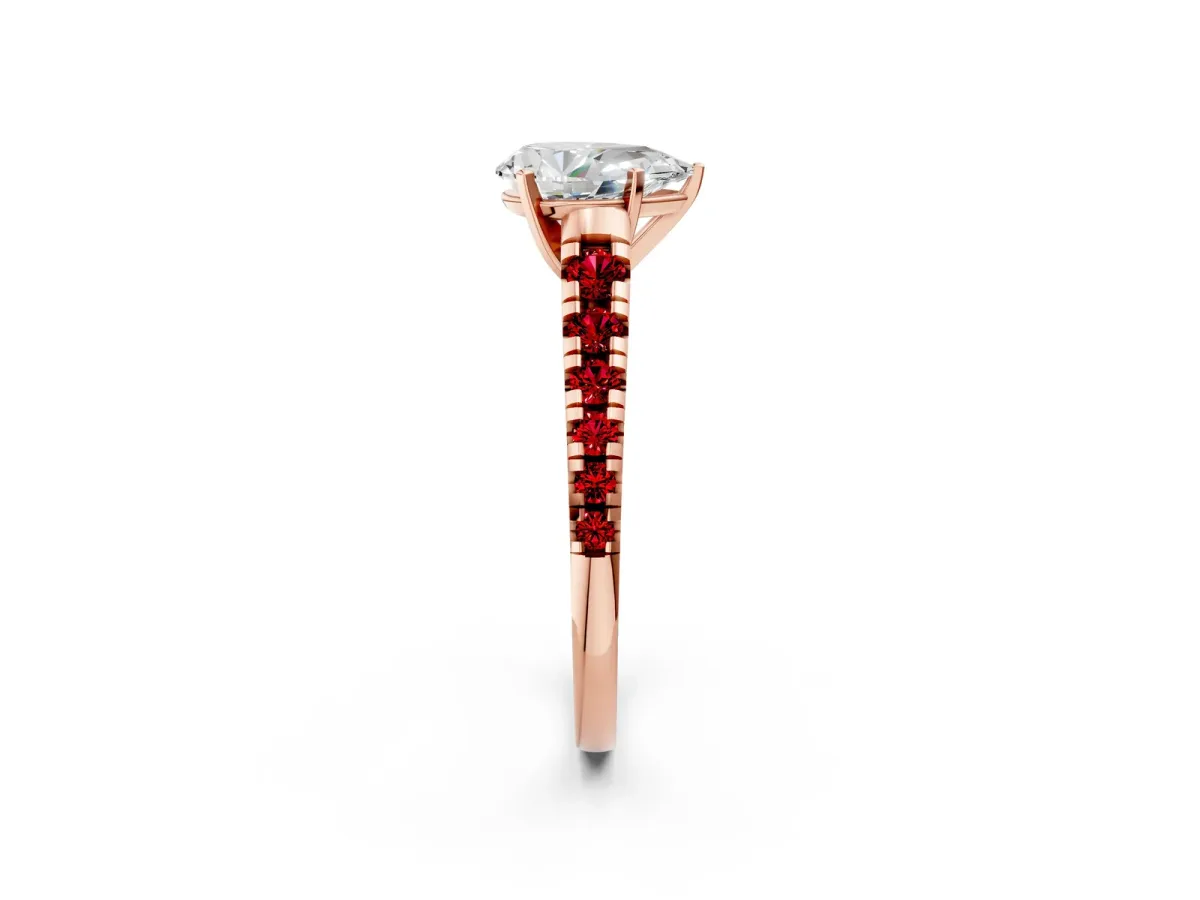 Pear Cut Diamond Cathedral Solitaire Ring with Round Ruby Pavé Band Rose gold