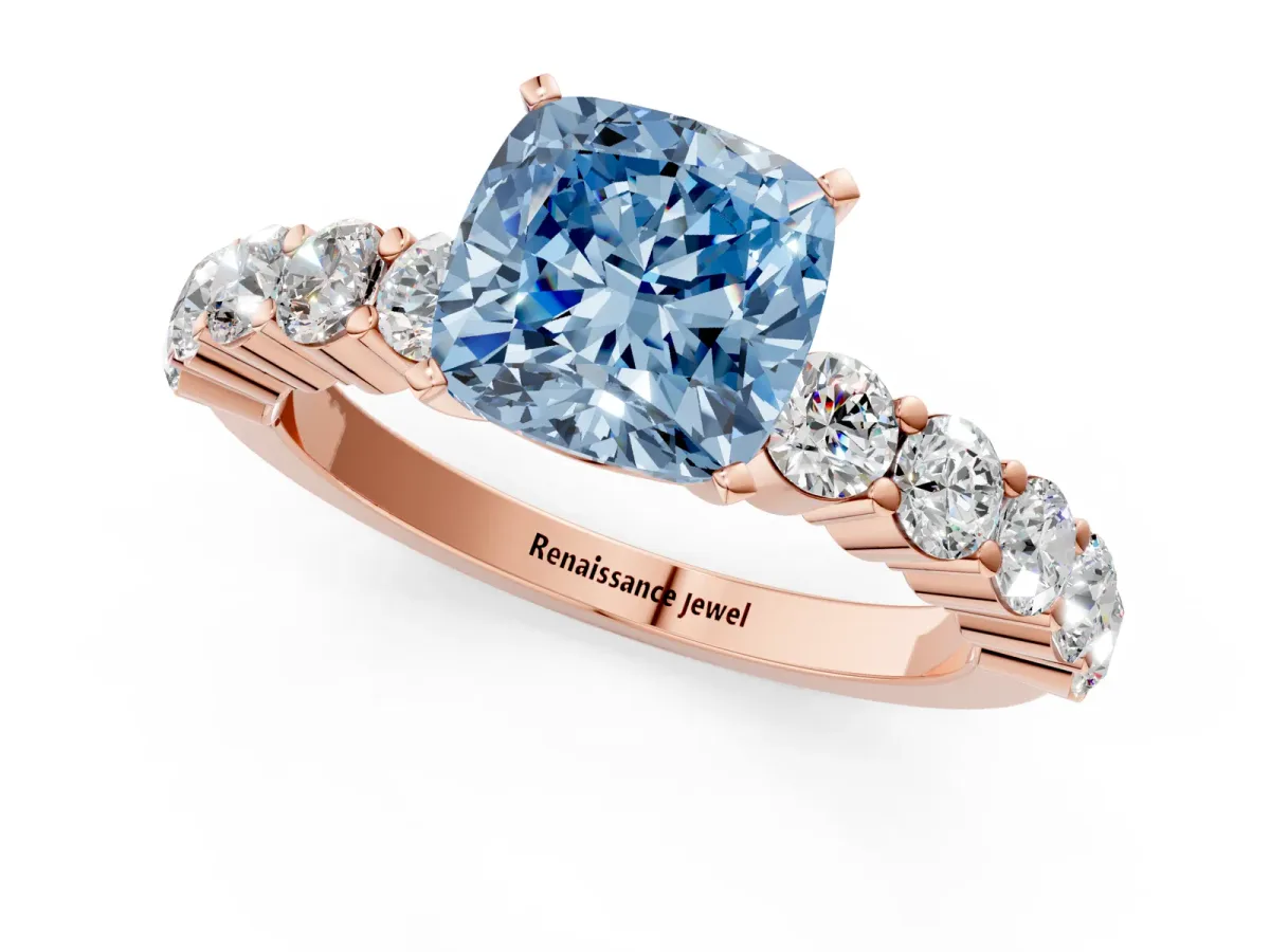 Fancy Blue Cushion Cut Diamond Solitaire Ring with Shared Prong Round Side Stones Rose gold