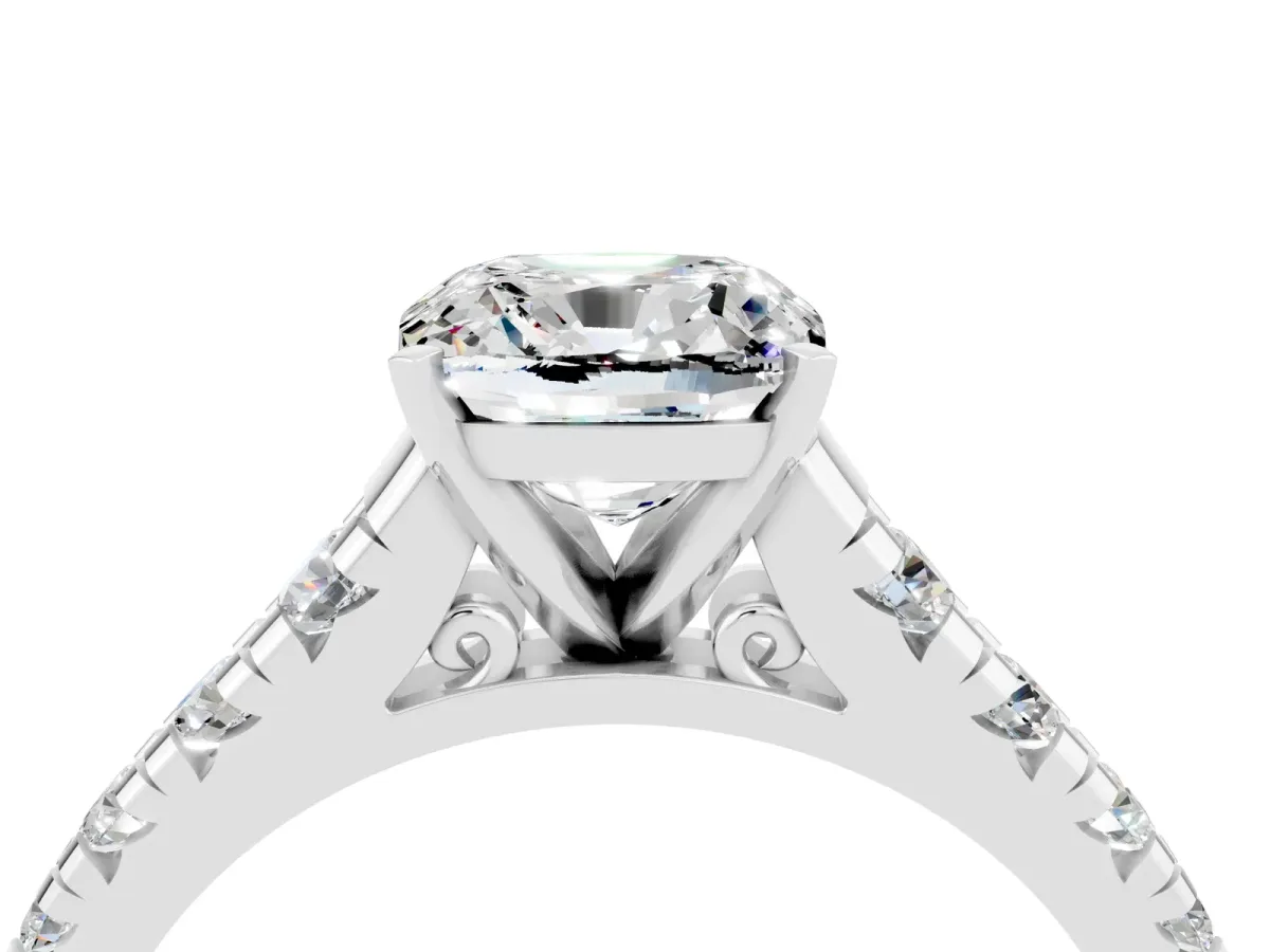 Cushion Cut Moissanite Cathedral Solitaire Ring with Round Pavé Band Silver