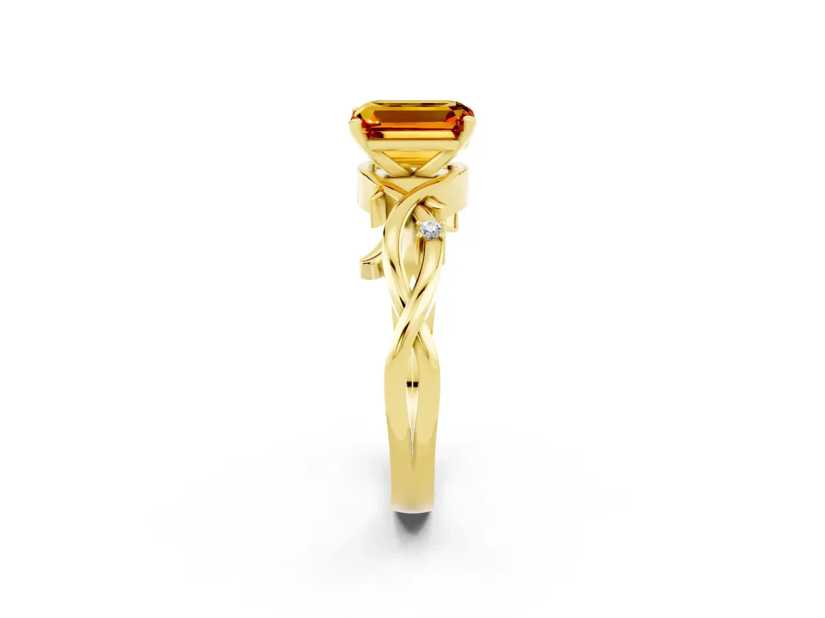 Emerald Cut Citrine Solitaire Ring with Twisted Band and Prong Setting Yellow gold