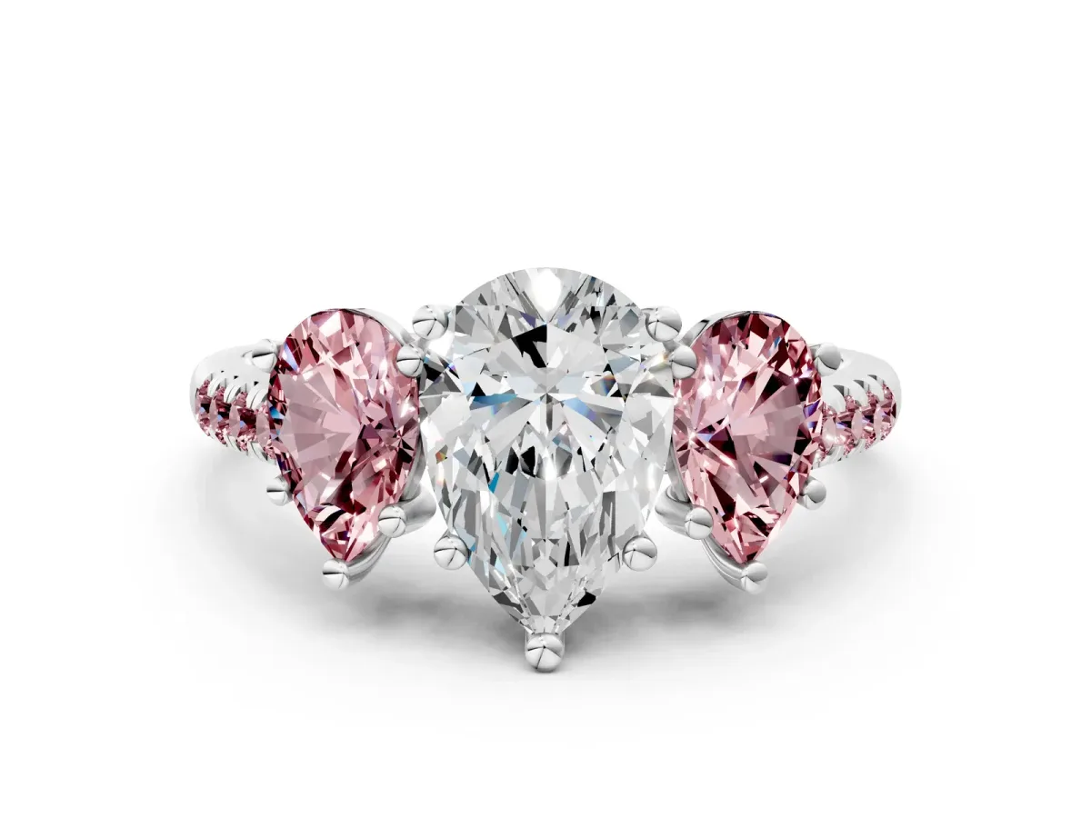 Three-Stone Pear Cut Diamond Ring with Round Morganite Pavé Band and Prong Setting Platinum