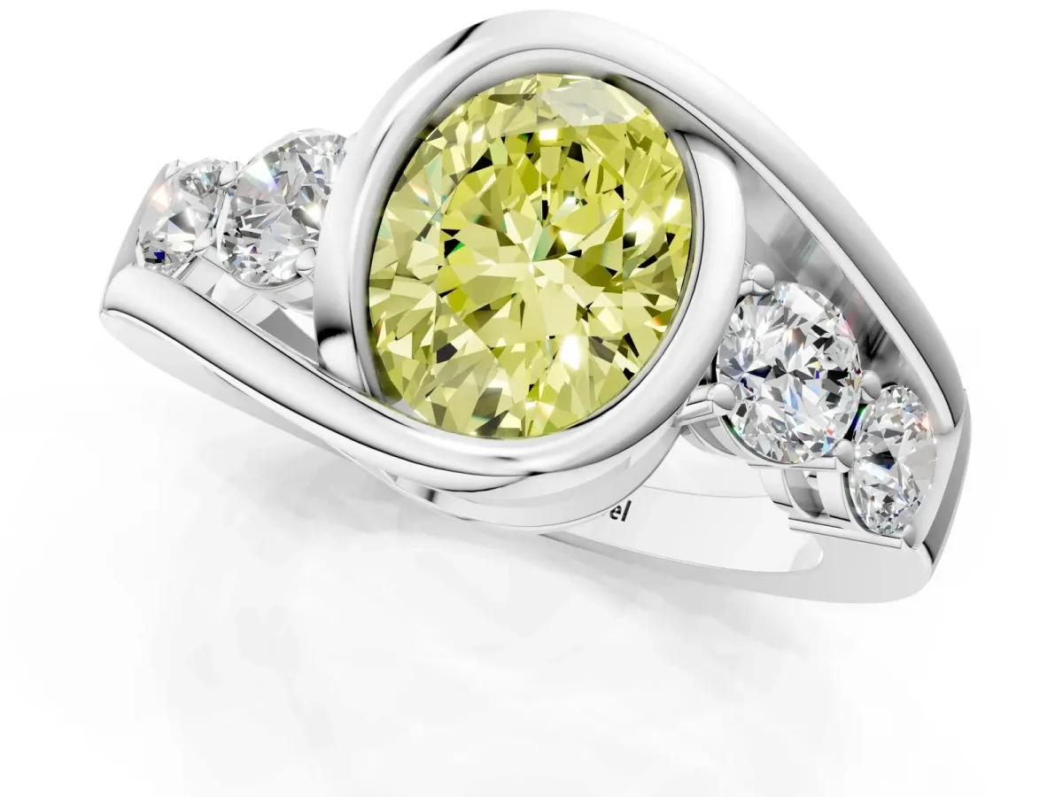 Fancy Yellow Bezel Set Oval Cut Diamond Bypass Ring with Round Accents Platinum