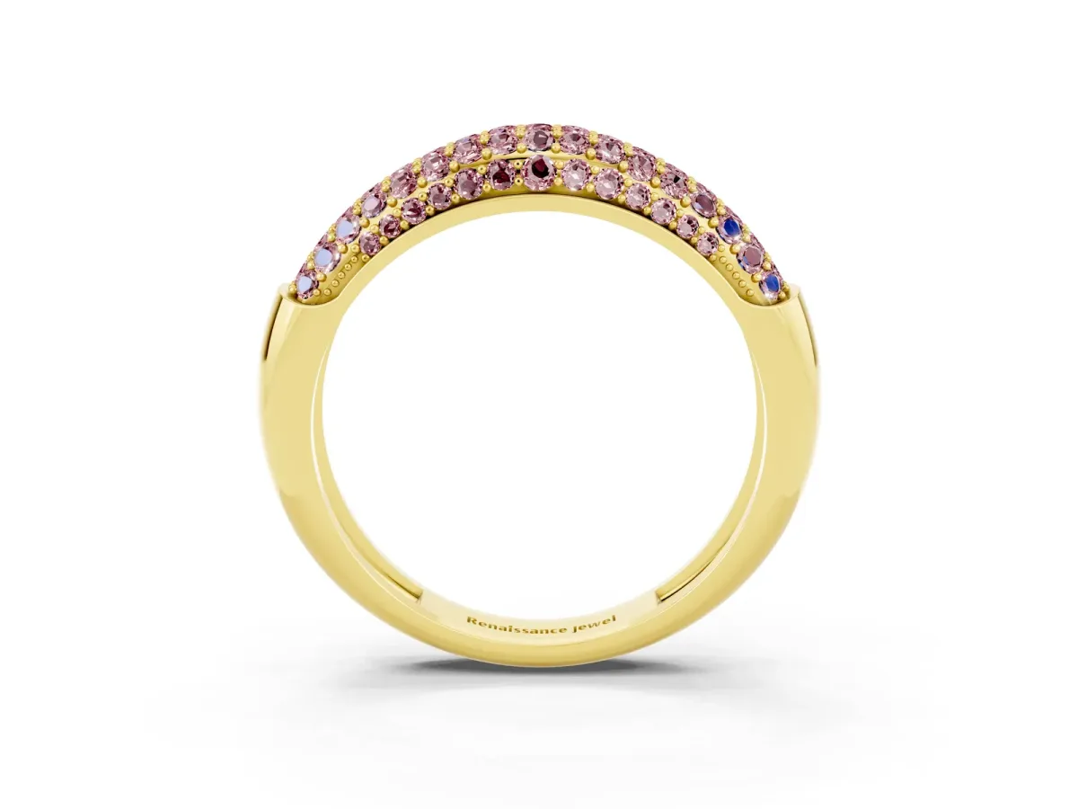 Three-Row Pavé Round Morganite Dome Band Yellow gold