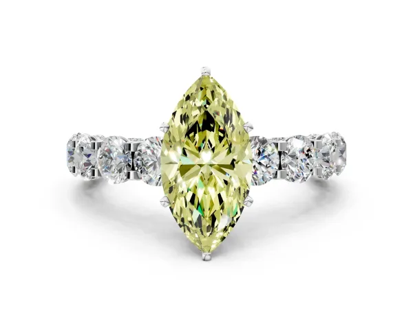 Fancy Yellow Marquise Cut Diamond Side Stone Engagement Ring with Four-Prong Setting Platinum