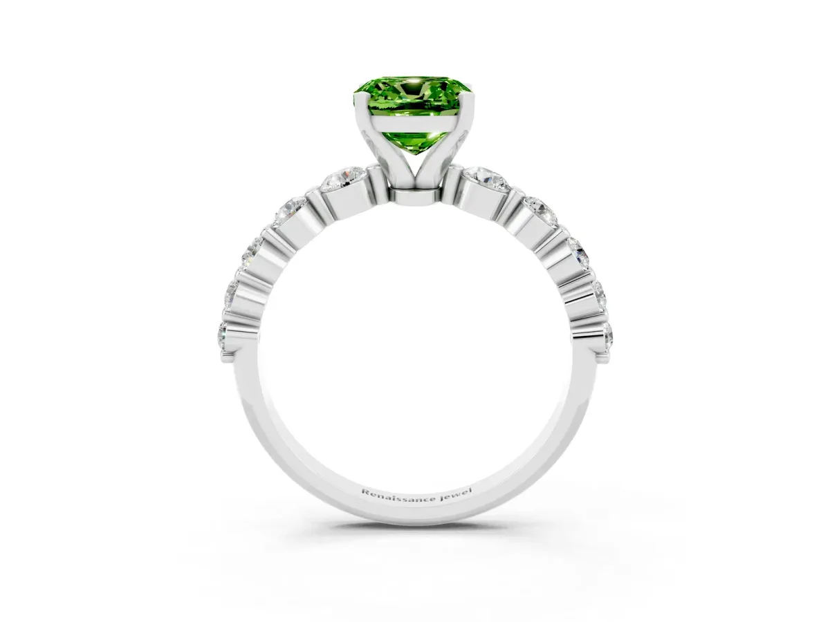 Cushion Cut Solitaire Peridot Ring with Pave Band and Four-Prong Setting Platinum