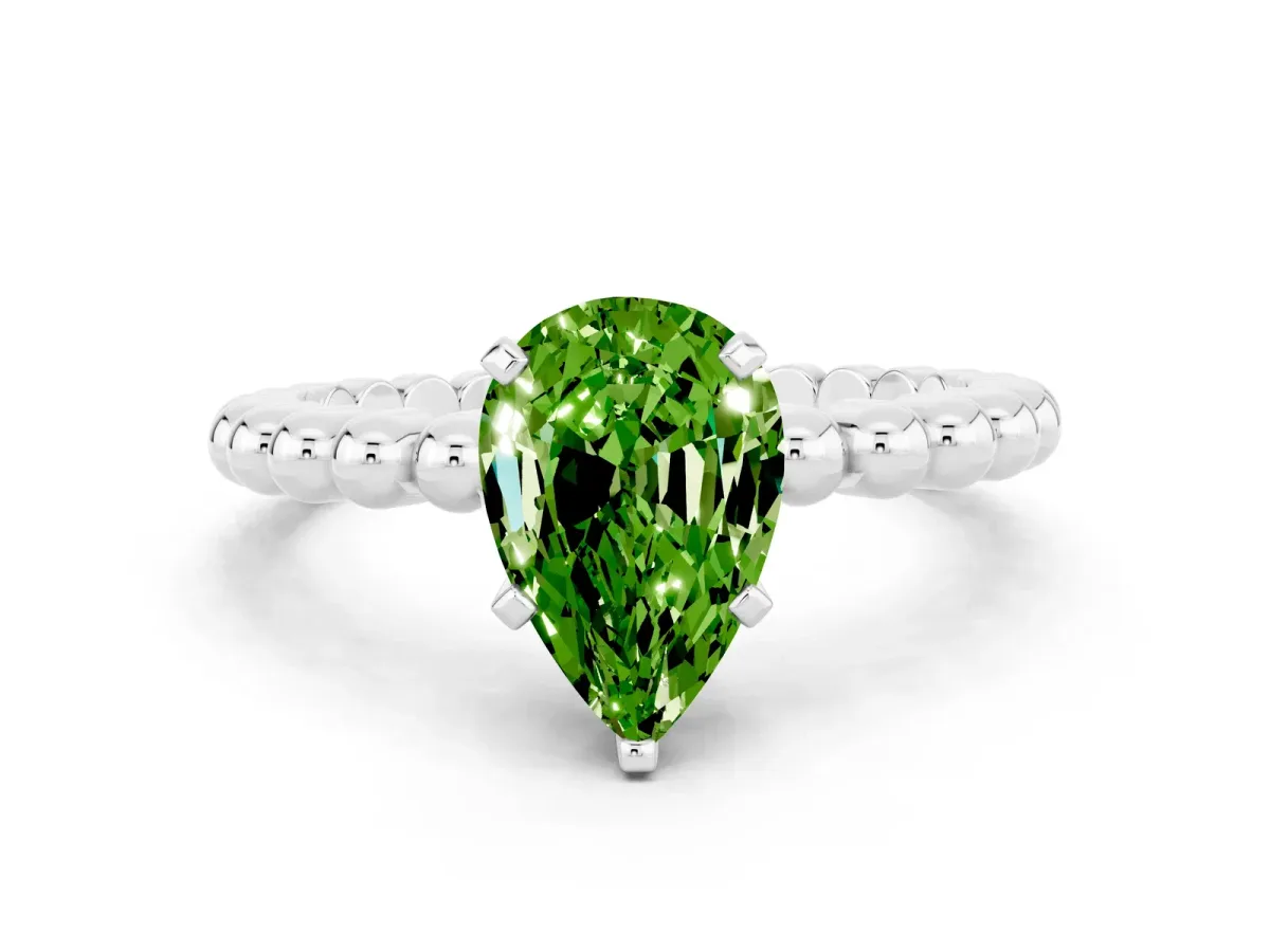 Pear Cut Peridot Solitaire Ring with Beaded Band and Prong Setting White gold