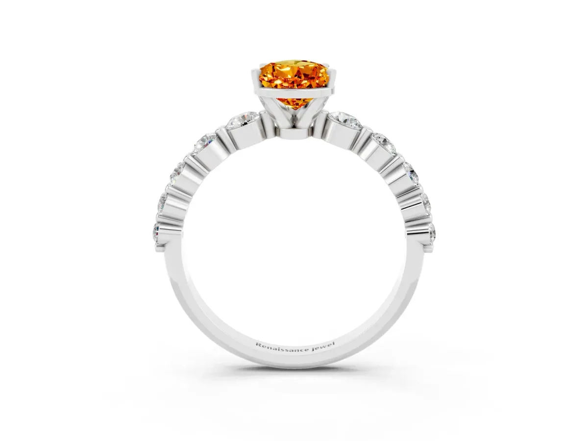 Pear Cut Solitaire Citrine Ring with Pave Band and Four-Prong Setting Platinum