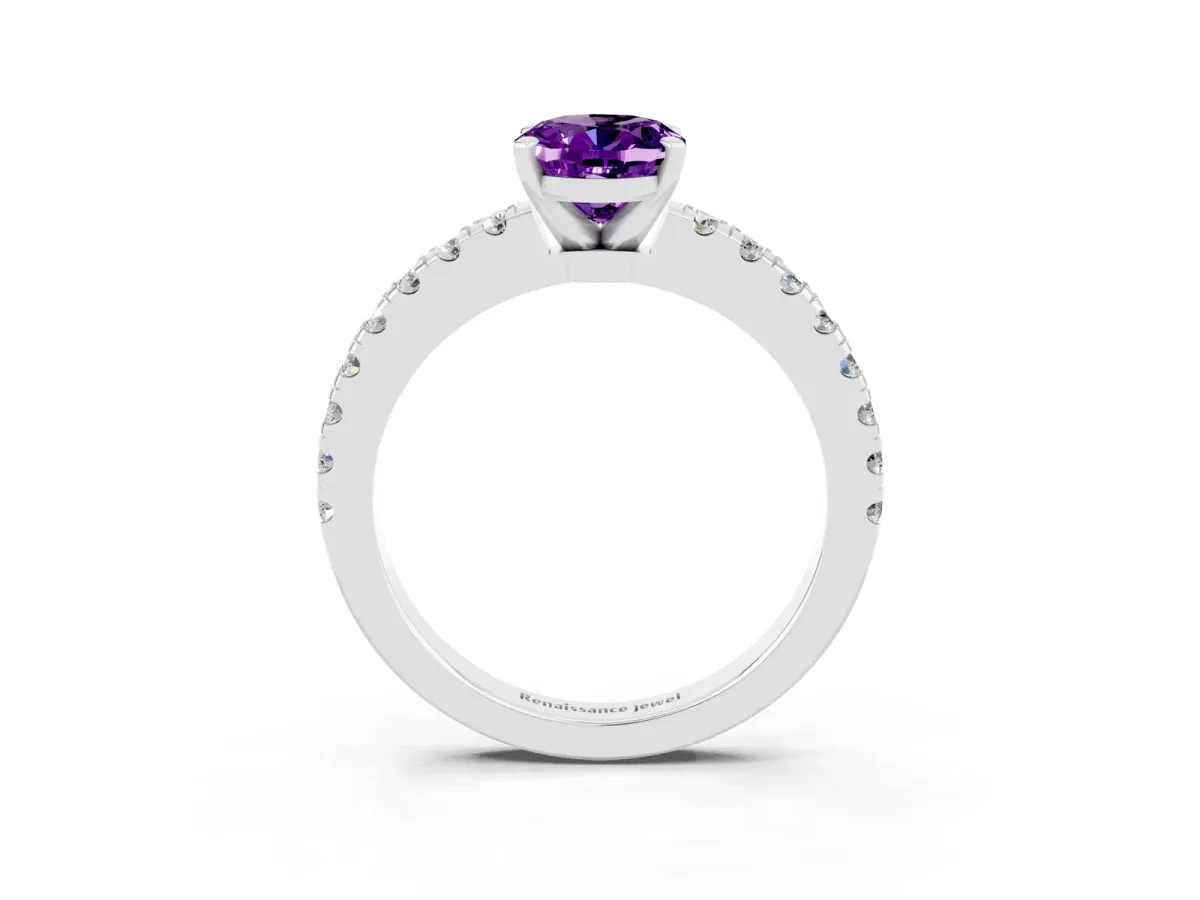 Oval Cut Solitaire Amethyst with Pavé Band and Four-Prong Setting Platinum