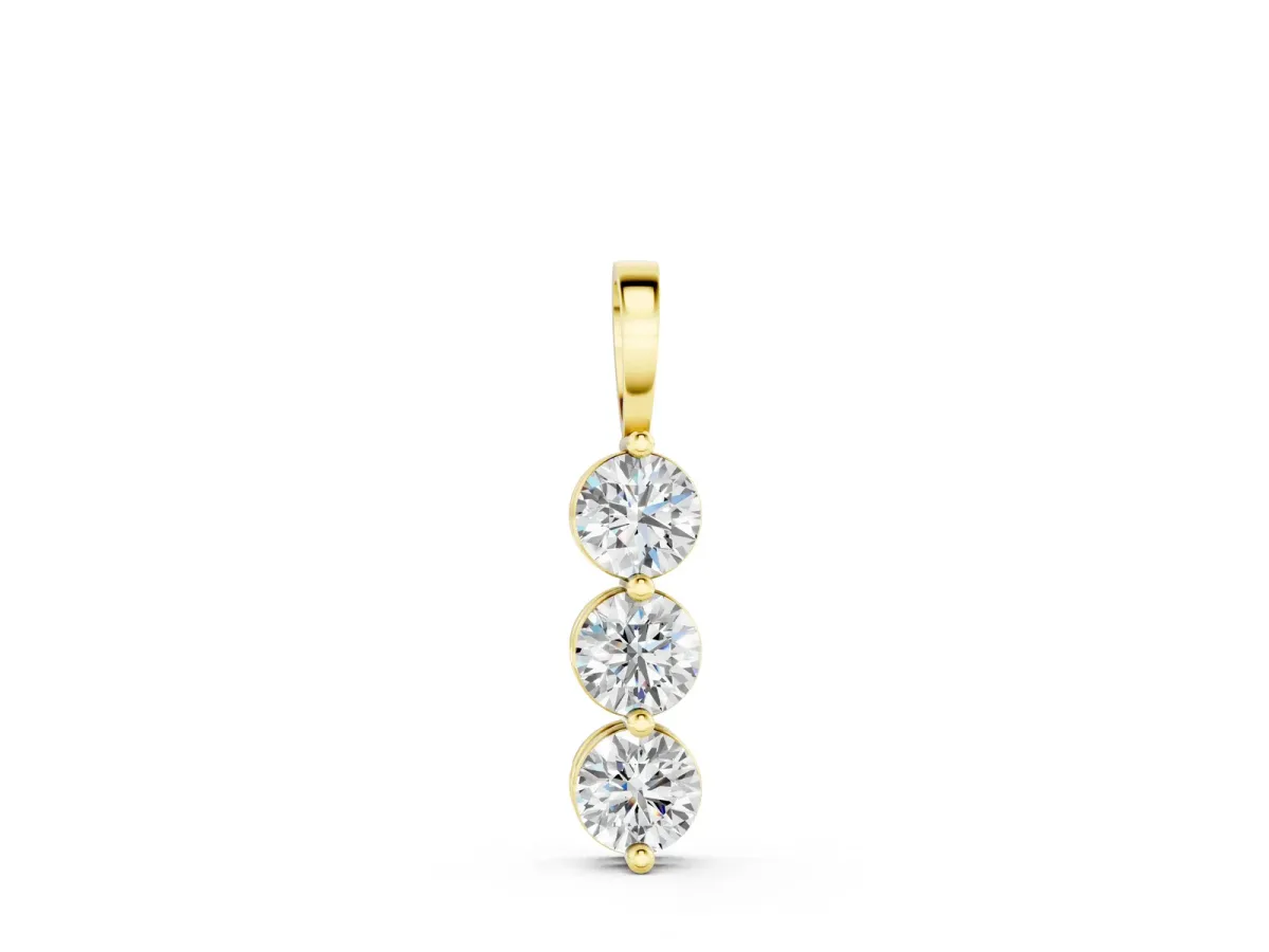 Three-Stone Round Diamond Drop Pendant with Four-Prong Setting Yellow gold
