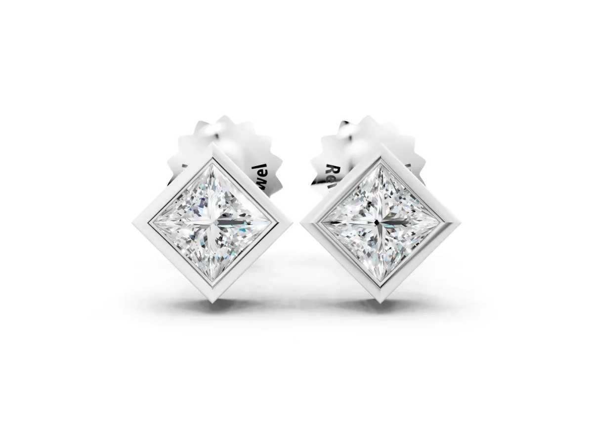 Princess Cut Bezel Set Diamond Stud Earrings Silver